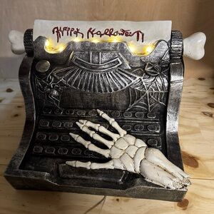 Halloween Light Up Spooky Typewriter w Skeleton Hand Resin Prop Eerie Figurine